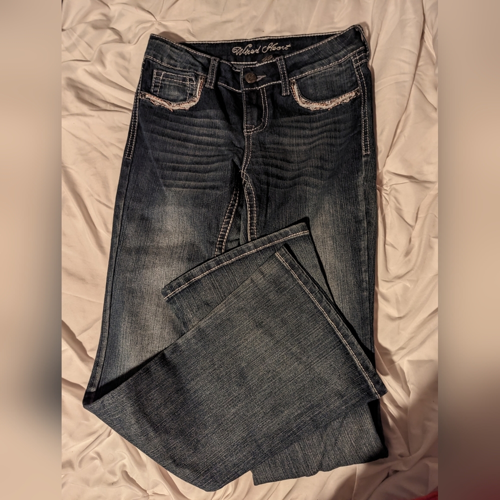 Wired Heart. Bootcut, blue jeans. Embroidered, and beaded. Size 16